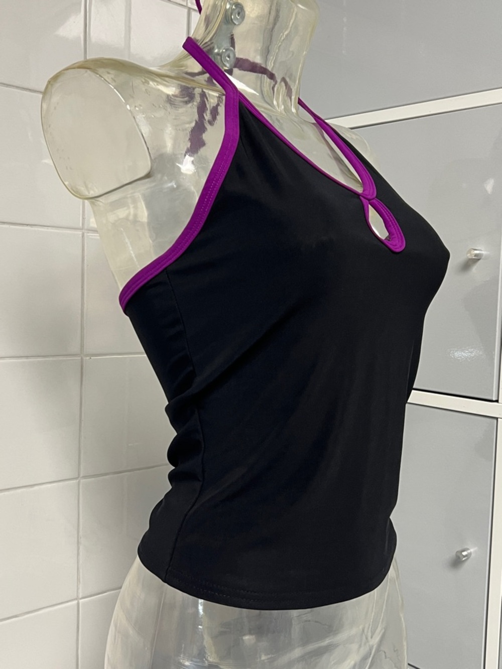 Y2K Slinky Keyhole Dance Halter Top XS Blk/Purple NWT